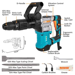 Berserker 1300W 16-Pound SDS-Max Demolition Jack Hammer, 1-9/16" 11-Amp Small Corded Electric Demo Chipping Hammer for Floor Tile Removal, Concrete Breaker with Carrying Case & 3 Chisels