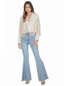 Women's Leather Fringe Short Jacket, Casual Fitted Outerwear for Spring & Fall, Plain Surface Design, Unlined Lightweight Style