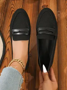 Black knitted round-toe Women flat shoes | Leather decorative buttons minimalist business style | Suitable for daily commuting / shopping dates / going to work / school | Breathable, comfortable, soft sole, anti-slip, slimming and versatile shoes