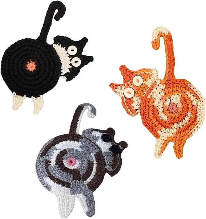 3-Piece Woven Cat Coaster Set, Cute Drink Coasters and Gift for Cat Lovers
