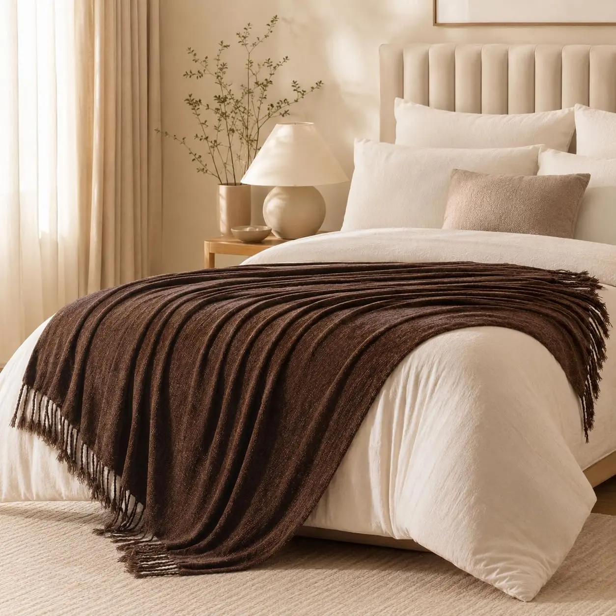 Battilo I Decorative Fringe Chenille Throw Blanket - Soft Cozy Textured Knit Throw Blanket with Handmade Fringe Tassels, Lightweight Comfort Farmhouse Blanket for Sofa Bed Chair, Office Decor & Nap Use, Breathable Warm Blanket, No Shedding (50"x60")
