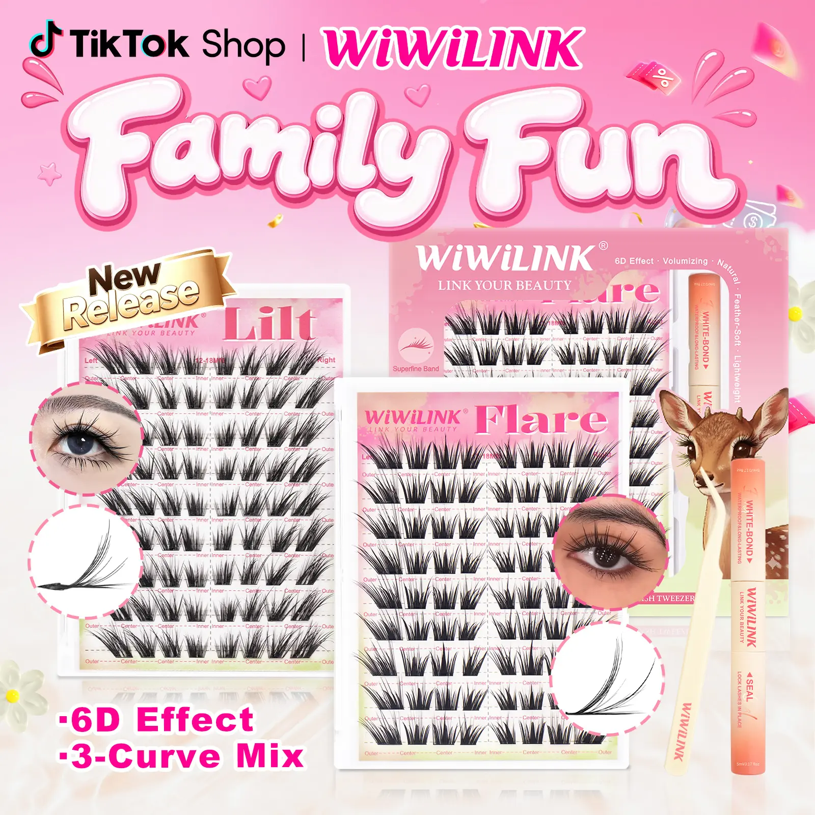 WiWiLINK Flare Lilt 6D Cluster Lashes Kit, LC /LB Curl DIY Lash Extension Set, 12-18mm Mixed Individual Clusters, Soft Thin Band Waterproof Long-Lasting Eyelashes with Lash Bond, Seal & Tweezers, Fluffy Lash Clusters, Lash Cluster, Eyelashes Clusters Kit
