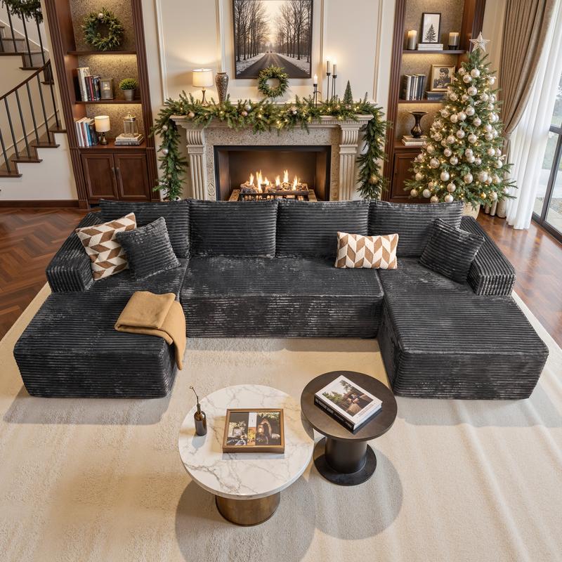 CAODOC Oversized 135" U Shape Cloud Couch Plus Sectional Sofa with Chaise Modern Modular Sofa with 6 Soft Pillows & Lounge Chairs Boneless Upholstered Couches for Living Room Bedroom Plush Corduroy Fabric