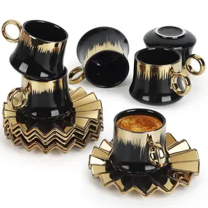 Turkish Coffee Cup Set of 6 with Saucers & Tray - Luxury Arabic Greek Japanese Marble Ceramic Tea Cups for Espresso Cappuccino Latte Mocha, Ideal Gift - 3.5oz, Black Gold