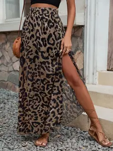 Women's Leopard Print Skirt, Split Thigh Design, Elastic Waistband, Casual Versatile Fashion, Perfect for Daily Wear