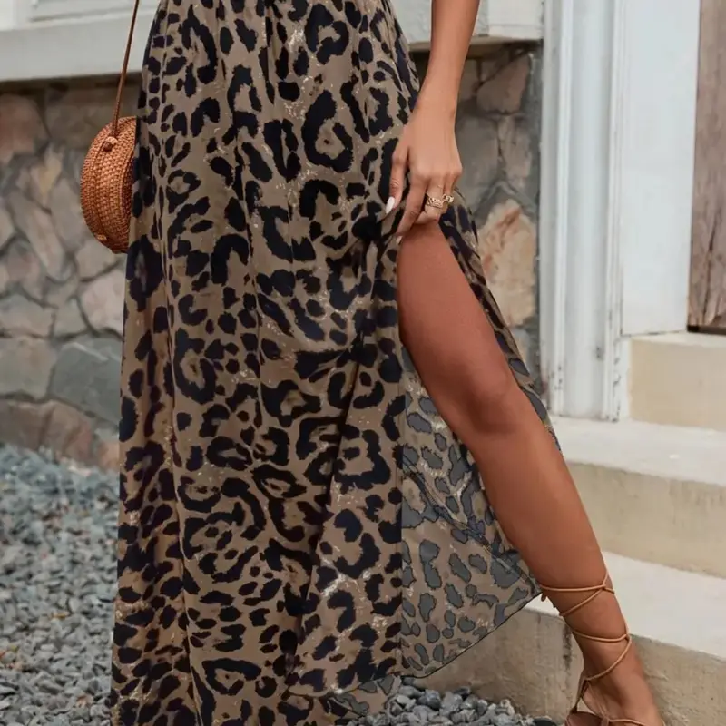 Women's Leopard Print Skirt, Split Thigh Design, Elastic Waistband, Casual Versatile Fashion, Perfect for Daily Wear, Animal Print Skirt