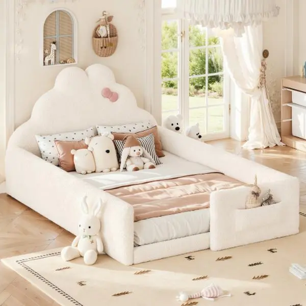 Soft padded floor bed, low to ground bed, soft padded bed frame with side storage pockets.