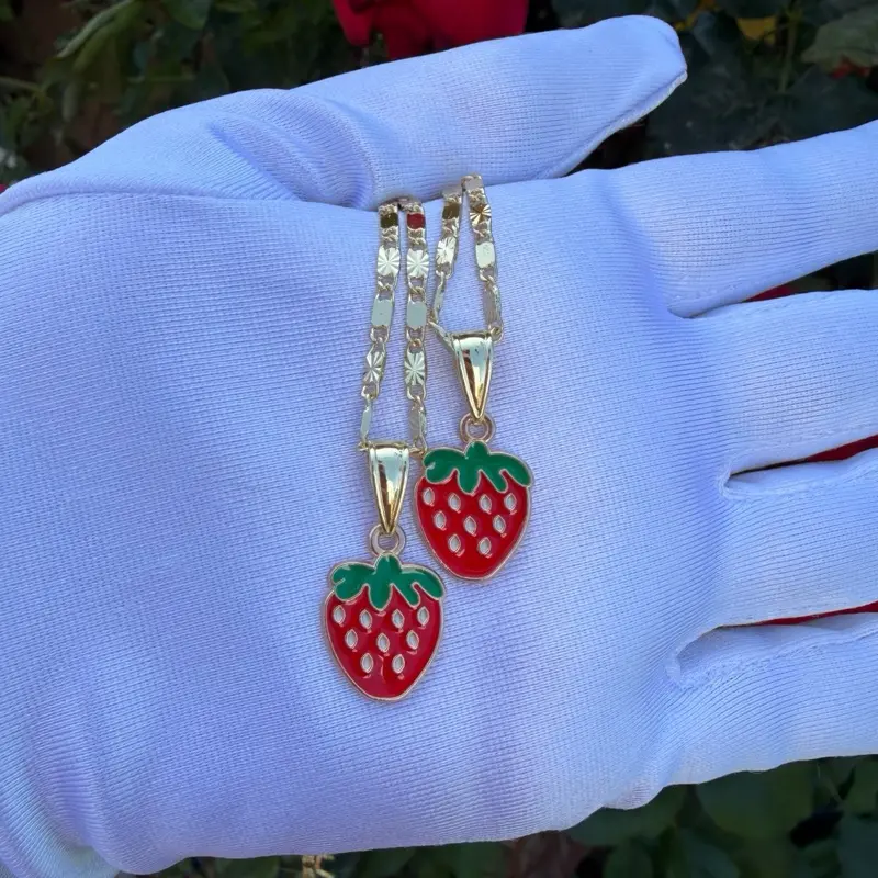 Strawberry Necklace - Red Enamel Design with Green Leaves, Gold Tone Chain, Perfect for Everyday Wear