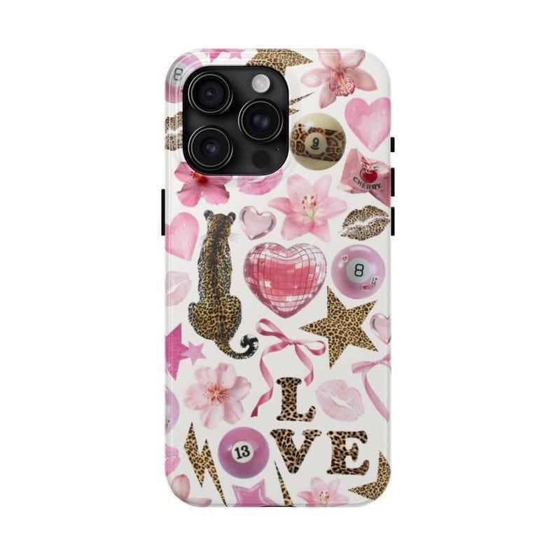 Pink Collage Cheetah Print Tiger Lily Coquette 8 Ball Tough Phone Case Impact Resistant Protective Cover Suitable for iPhone 17-11 Pro Max/Plus and  Samsung Galaxy S23-25