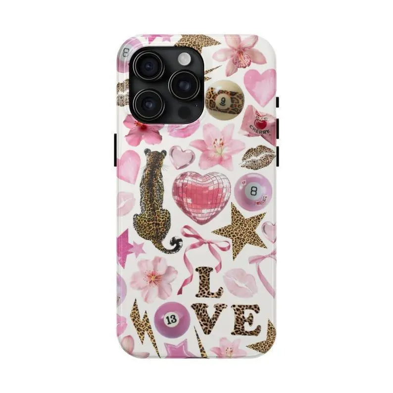 Pink Collage Cheetah Print Tiger Lily Coquette 8 Ball Tough Phone Case Impact Resistant Protective Cover Suitable for iPhone 17-11 Pro Max/Plus and  Samsung Galaxy S23-25