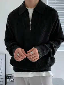 Men's Solid Zip Up Half Placket Longsleeves Collar Sweater, Regular Fit Casual Cozy Long Sleeve Jumper for Fall, Men's Fall Knitwear for Daily Wear, Vintage Clothing Tops, Lightweight Knitwear, Street Casual Jumper