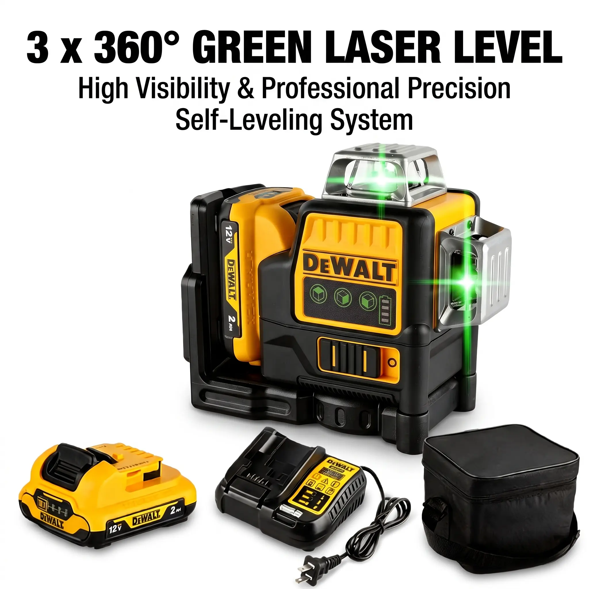 DEWALT DW089LG 360-Degree Rotation Green Laser Level Kit, 12-Line 360-Degree Rotating Outdoor Construction Marking Hand Tool