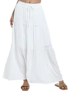 Rivome Women's Bohemian Fitted Solid Color Tiered Maxi Skirt - Elastic High-Waist A-Line, Long Flowy Boho Outfits Bottoms for Casual Summer Wear