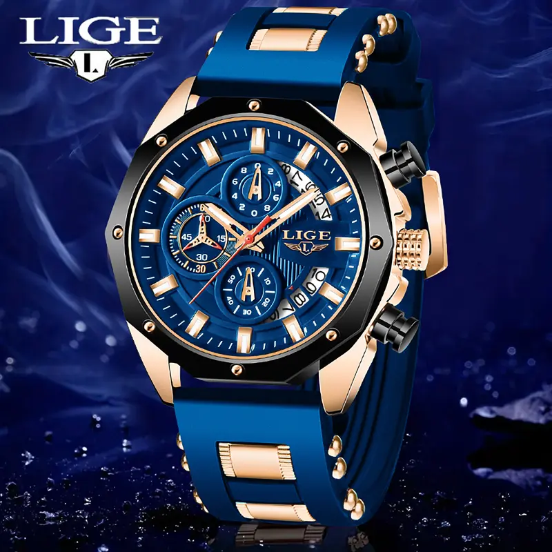 LIGE Modern Fashion Casual Men's Watch - 46mm Large Round Alloy Dial, Quartz Movement, Silicone Clasp Band, Calendar, 30M Waterproof Analog Chronograph, Luminous Lowlight Hands, Mineral Glass