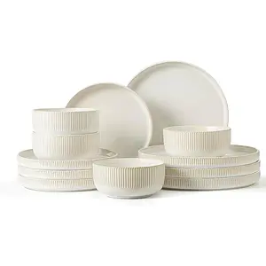 Stoneware Dinnerware Sets for 4,12  Kitchen Plates and Bowls Set,Reactive  Porcelain Dinnerware Sets Scratch Resistant,Dishwasher and Microwave Safe, Cappuccino White