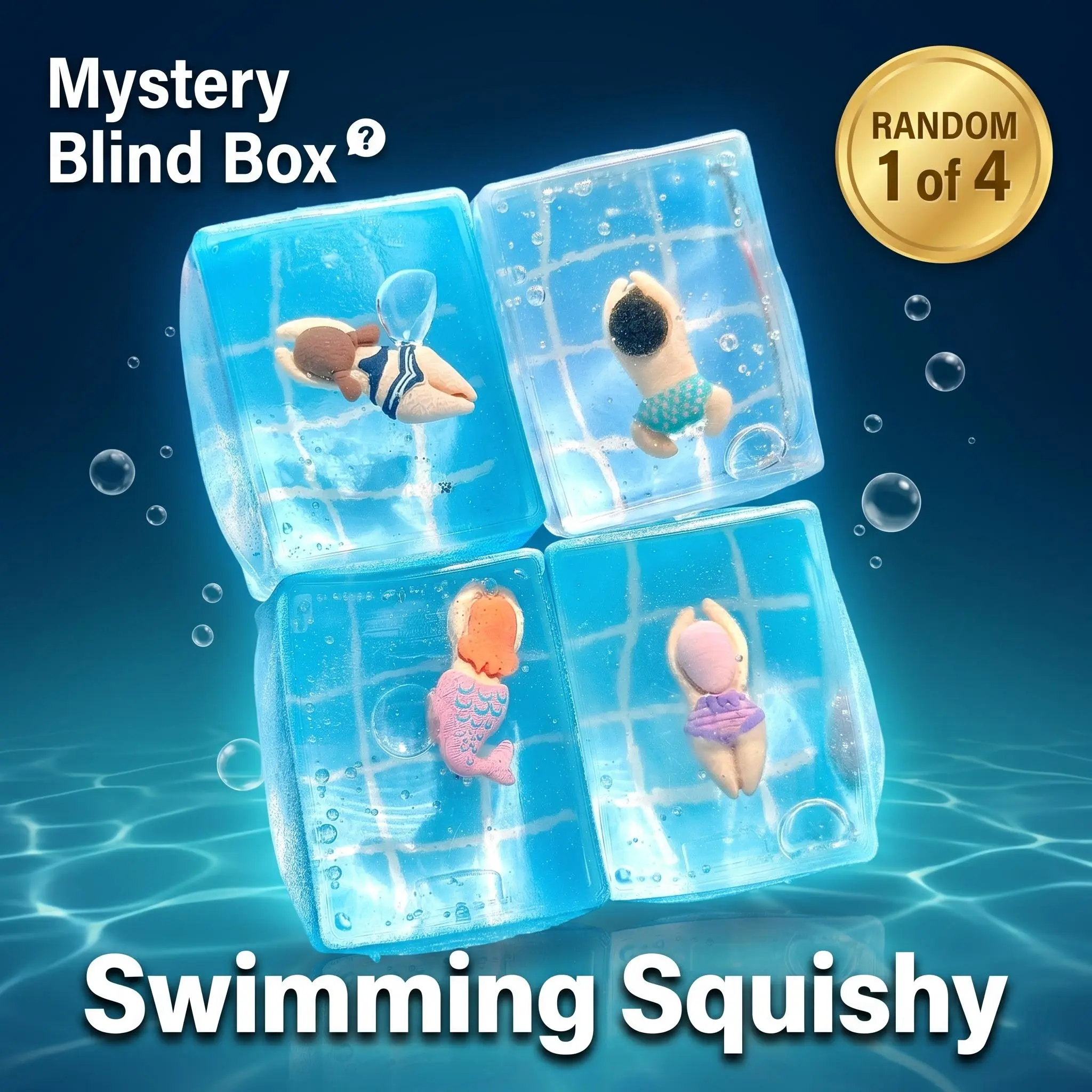 Squishy Blind Box Toy - 1 Random Style Swimming Ice Cube Stress Relief Squeeze Toy with Mini Swimmer Figure Inside, Mystery Collectible Fidget Sensory Gift for Kids Adults butter clicker new glitter slow bounce maker squish doctor jumbo