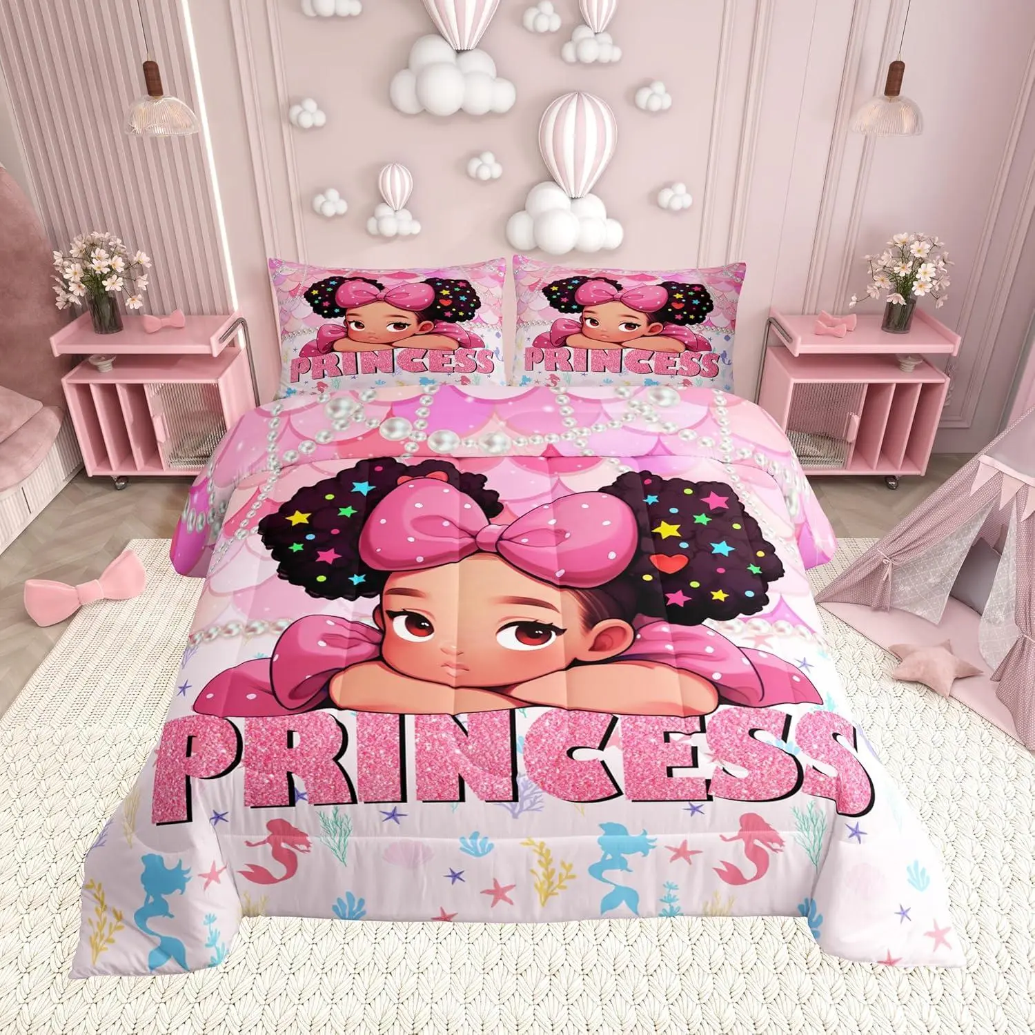 Cute Black Comforter Set,Mermaid Pink Bedding Set,Cartoon Glitter Princess Down Comforter Africa Theme American Duvet Insert Sweet Dots Print Reversible