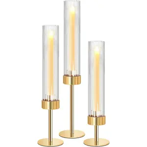 Metal &  Taper Candle Holders Set of 3 with Ribbed Design - Hurricane Clear Cylinder Candelabra for Wedding, Christmas, Party, Dining Table Centerpiece Decor (, Set of 3)