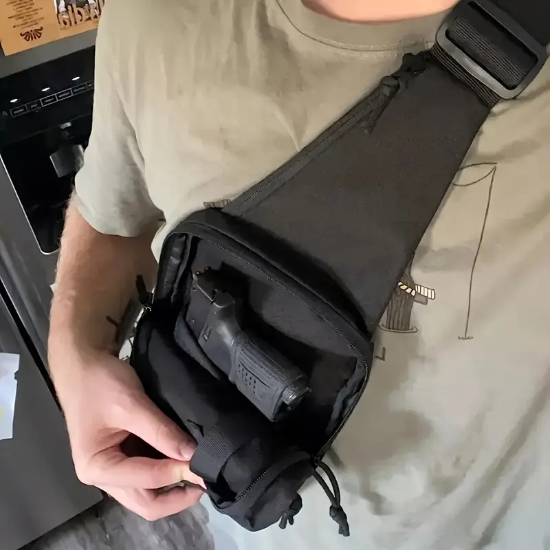 Men's Black Concealed Carry Gun Holster Sling Bag Crossbody Bag, Small Pistol Backpack Chest Bag, Travel, Sports, Hiking Crossbody Shoulder Bag Nylon Zipper Closure