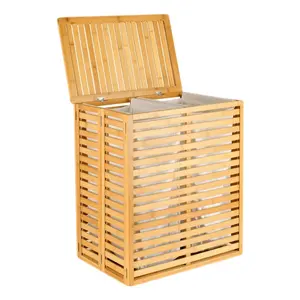 Hamper with Lid, Bamboo Laundry Hamper 2 Compartment, Divider Dirty Clothes Hamper, 120L Large Foldable Laundry Hamper with Removable Liners Bags