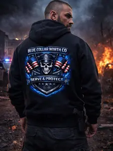 Blue Collar North Co. Serve & Protect Premium Heavy Hoodie for First Responders Police Firefighter Military Rugged Patriotic Design hoodies streetwear .   unisex merch
