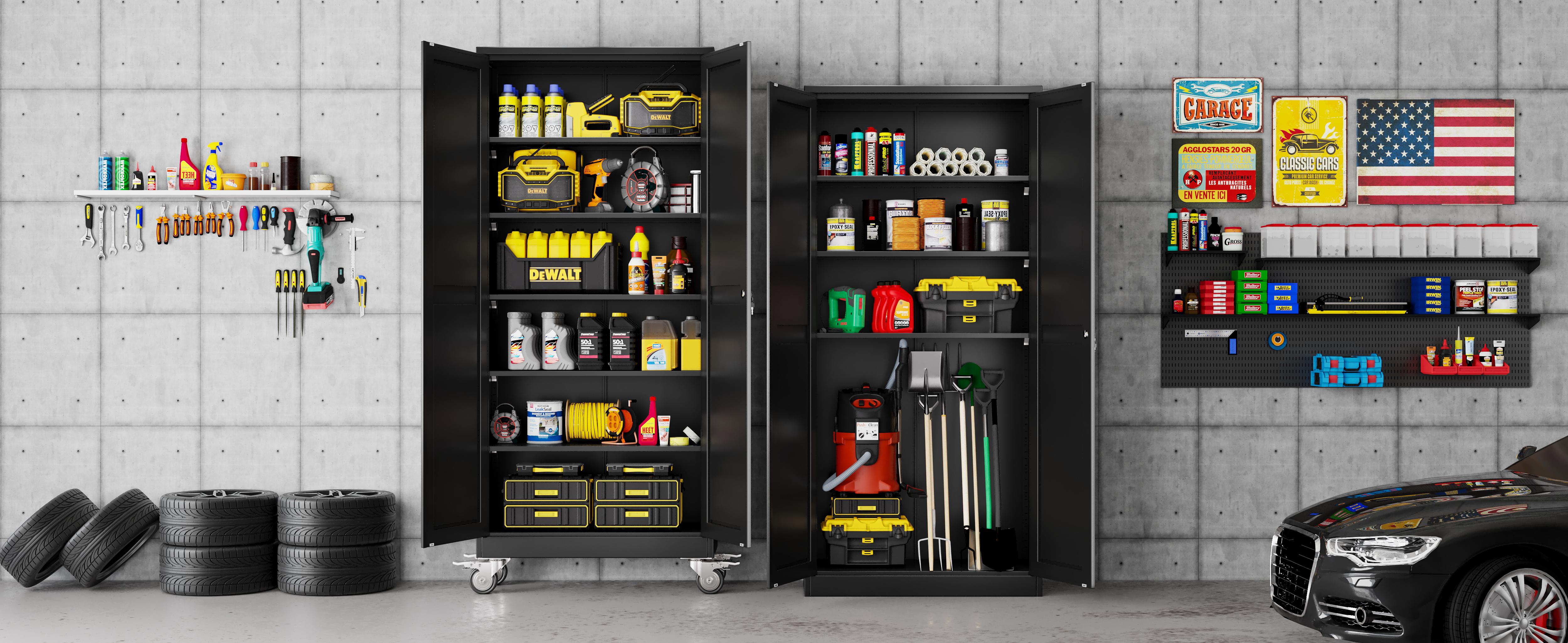 Heavy-Duty Metal Storage Cabinet with Wheels, 2-Door Steel File Cabinet with 5 Adjustable Shelves for Garage, Home Office & Warehouse Heavy-Duty Metal Storage Cabinet with Wheels, 2-Door Steel File Cabinet with 5 Adjustable Shelves for Garage, Home Office & Warehouse