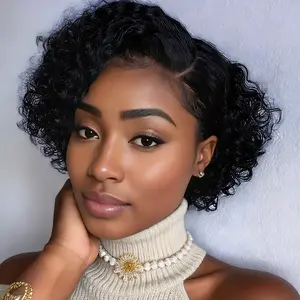 Short Bob Wig Pixie Cut Curly Human Hair Wigs For Women Black Color 13x1 T part lace closure Deep Wave Lace Wig Preplucked Hair