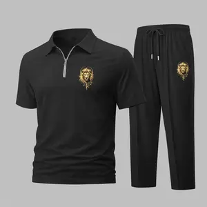 Men’s Luxury Lion Head Waffle Knit Polo Shirt and Pants Set – Golden Lion Graphic Short Sleeve Zip-Up Collar Polo and Jogger Set, Lightweight Breathable Comfortable Premium Casual Sportswear for Travel, Daily Wear