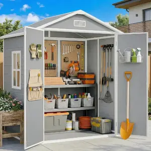 【2 Packages Shipping】Gizoon 6x4.4 FT Outdoor Storage Shed with Floor All-Weather Resin Garden Shed with Lockable Doors & Windows Plastic Tool Sheds for Patio Lawn & Garden Grey