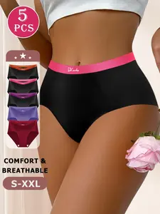 QUASTI 5PCS High Waisted Underwear for Women, Letter Waistband Underwear Elegant & Fashionable, Cotton Crotch Comfortable & Breathable, Full Coverage Soft Strech Ladies Briefs Everyday Comfort Wear