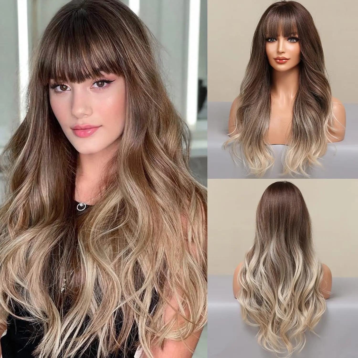 HAIRCUBE Sunny Ombre Delight: Long Curly Brown Ombre Blonde Wig with Bangs - Synthetic Hair for Women's Daily Life, Embrace Effortless Style with a Touch of Glamour