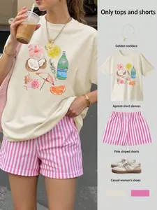 Women's Floral Print Round Neck T-Shirt Set with Striped Shorts, Casual Loose Fit for Daily Wear and Outdoor Activities