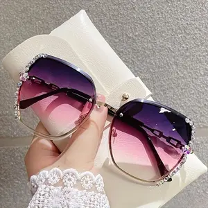 Women's Fashion Rimless Rhinestone Sunglasses, Gradient Purple Pink Lens Metal Frameless Eyewear for Daily Casual Wear