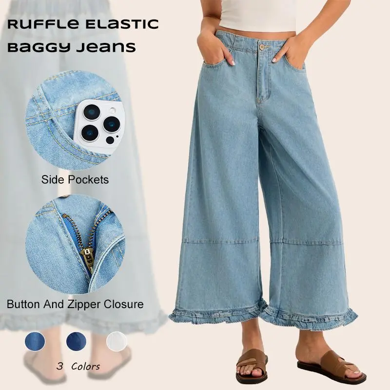 Imily Bela Womens Ruffle Wide Leg Jeans Cropped Elastic High Waisted Baggy Denim Pants with Pockets