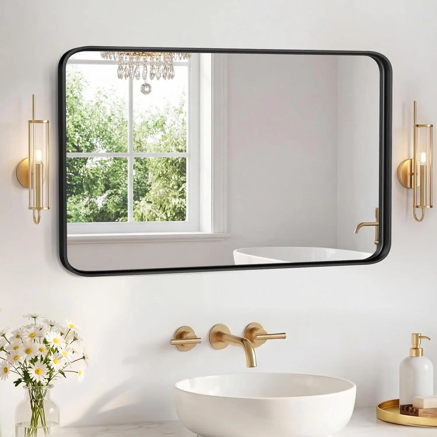 Crystal Clear Distortion-Free Bathroom Mirror for Over Sink, Wall Rounded Rectangle Mirror with Matte Metal Frame, Modern Vanity Mirror for Home Decor
