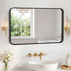 Crystal Clear Distortion-Free Bathroom Mirror for Over Sink, Wall Rounded Rectangle Mirror with Matte Metal Frame, Modern Vanity Mirror for Home Decor