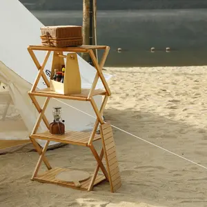 K KELBEL Outdoor Camping wooden Folding Storage Rack & Portable Picnic Table Dual-Use Multi-Layer Picnic Table for Road Trip