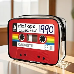 Retro 70s Cassette Makeup Bag - Red Rainbow Design Zipper Travel Bag, Women's Foldable Makeup Bag, Gift For Music Lovers, Nostalgic Style, Smooth Touch, Sturdy And Durable Zipper, Travel Cosmetic Bags.