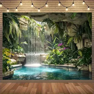 1PC Reusable Polyester Tropical Rainforest Waterfall Pool Backdrop Banner, 2D Flat Party Decor Tapestry for Birthday Events, Natural Landscape Indoor-Outdoor Photography Prop