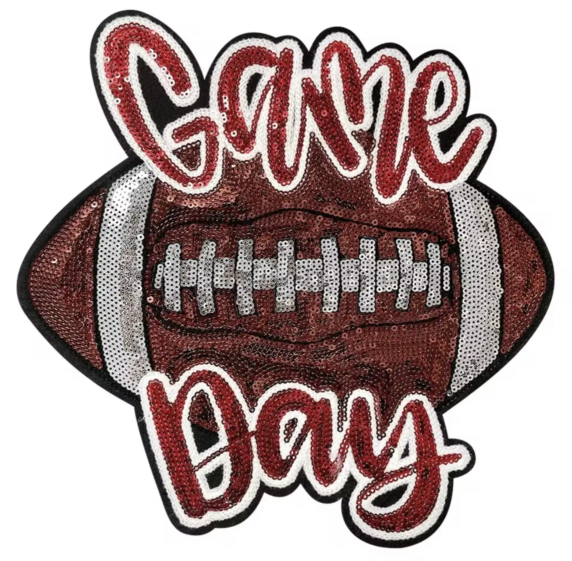 Sequins Game Day Football Patch for Sports Enthusiasts Iron On Sew On Fabric Glue E6000 Shiny Eye Catching Versatile Application 9.75 x 9.50, Sequins Embellished, Shiny Finish, Football Shape, Sequin Fabric