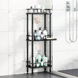 Standing Corner Shower  - 3 Tier Corner Shower Organizer with Soap Holder, Rustproof Stainless Steel Bathroom Shelf with 4 Hooks, Black