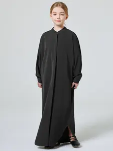 Girl's Solid Button Front Split Hem Abaya Dress, Modest Casual Long Sleeve Stand Collar Dress for Daily Wear, Kids Girls Clothing, Kids Clothes for All Seasons