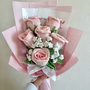 Crochet Red Roses and White Baby's Breath Bouquet - Durable Long-lasting Home Decor for Birthdays Graduations Mother's Days Anniversaries Valentine's Days