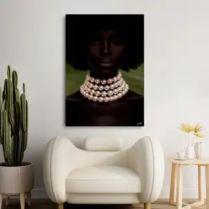 Luxury Black Woman Decor, Pearl Statement Wall Art, Afro Portrait Canvas Print, Dark Skin Beauty Painting, Elegant Modern Art 5
