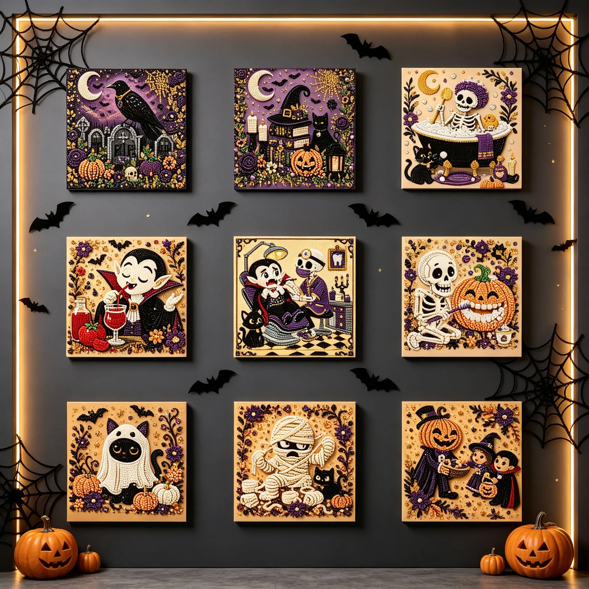 Halloween Pearl Diamond Art with Frame & Gift Box, 7.87x7.87in, Witch House, Bathtub Skeleton, Ghost, Crow Design, Pearl Rhinestones, Starter Kit, Wall Hanging Halloween Gift