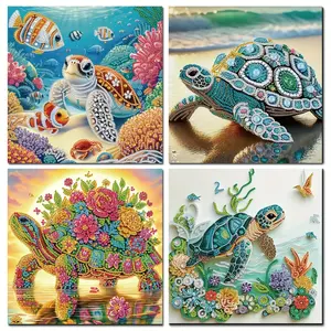 DIY 4Pcs Set Sea Turtle Diamond Painting Kits For Beginner, Crystal Rhinestones Handicrafts Accessories,5D Diamond Mosaic Art For Adults, Special Shape Partial Diamond Art kits,11.81X11.81inchs Handmade Gifts