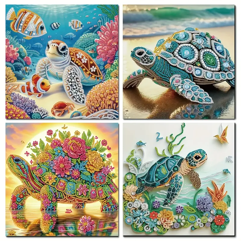 DIY 4Pcs Set Sea Turtle Diamond Painting Kits For Beginner, Crystal Rhinestones Handicrafts Accessories,5D Diamond Mosaic Art For Adults, Special Shape Partial Diamond Art kits,11.81X11.81inchs Handmade Gifts