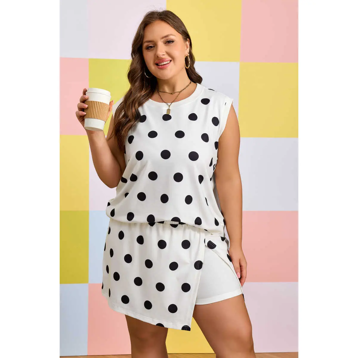 White Plus Size Polka Dot Printed Tank Split Skort 2pcs Outfit