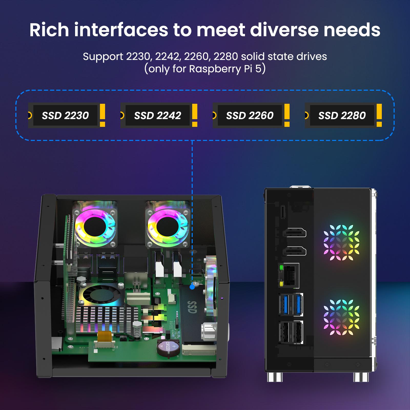 Elecrow Pitower Gen 1 Mini PC Case for Raspberry Pi 5: Aluminum Case with 3 Cooling Fans, 1.3" OLED Display, PCIe M.2 NVMe SSD 2230/2242/2260/2280 Support, RTC, Full Port Access