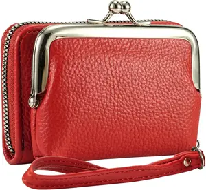 Women's Wristlet Wallet with  Purse - 9 Slot Zipper Card Organizer, PU Leather Wrist Wallets for Women with Kiss Lock & Detachable Strap, Multi-Functional Compact Wallet(Red)